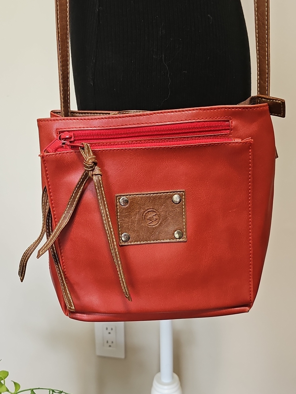 Women's Red Crossbody Bag with Brown Trim - Casual Everyday